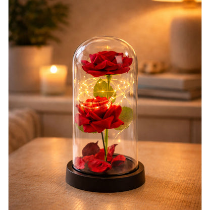 Duas Rosas Eternas Vermelhas Verticais em Cúpula LED com Pétalas 21x11 cm