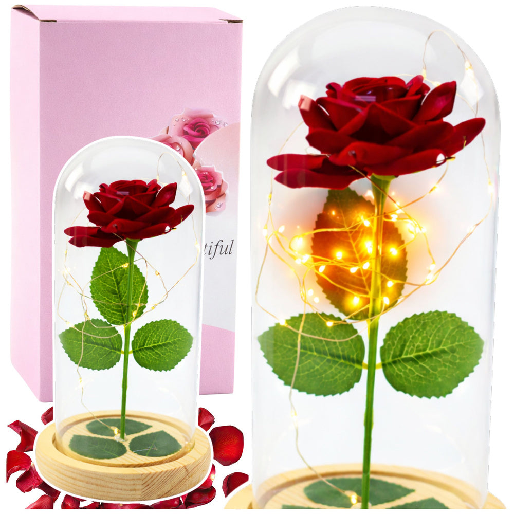 Rosa Eterna Vermelha em Cúpula de Vidro LED Base Efeito Madeira 21x11 cm
