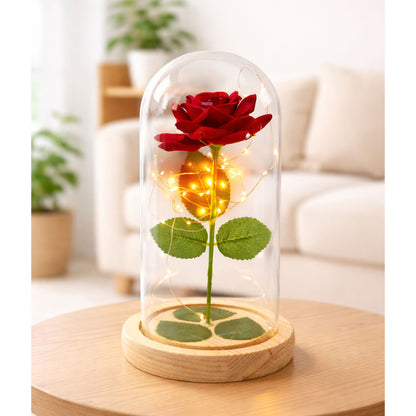 Rosa Eterna Vermelha em Cúpula de Vidro LED Base Efeito Madeira 21x11 cm