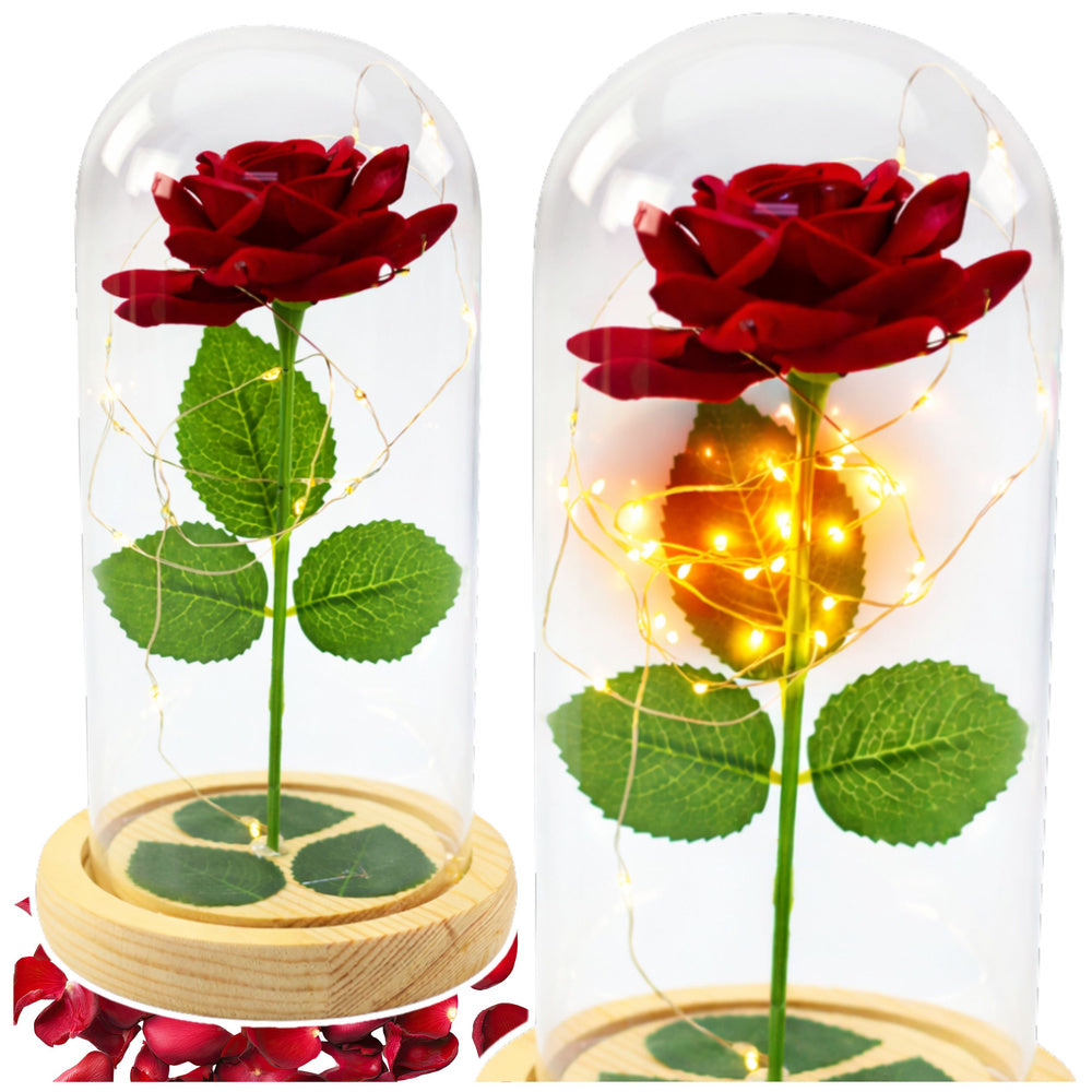 Rosa Eterna Vermelha em Cúpula de Vidro LED Base Efeito Madeira 21x11 cm