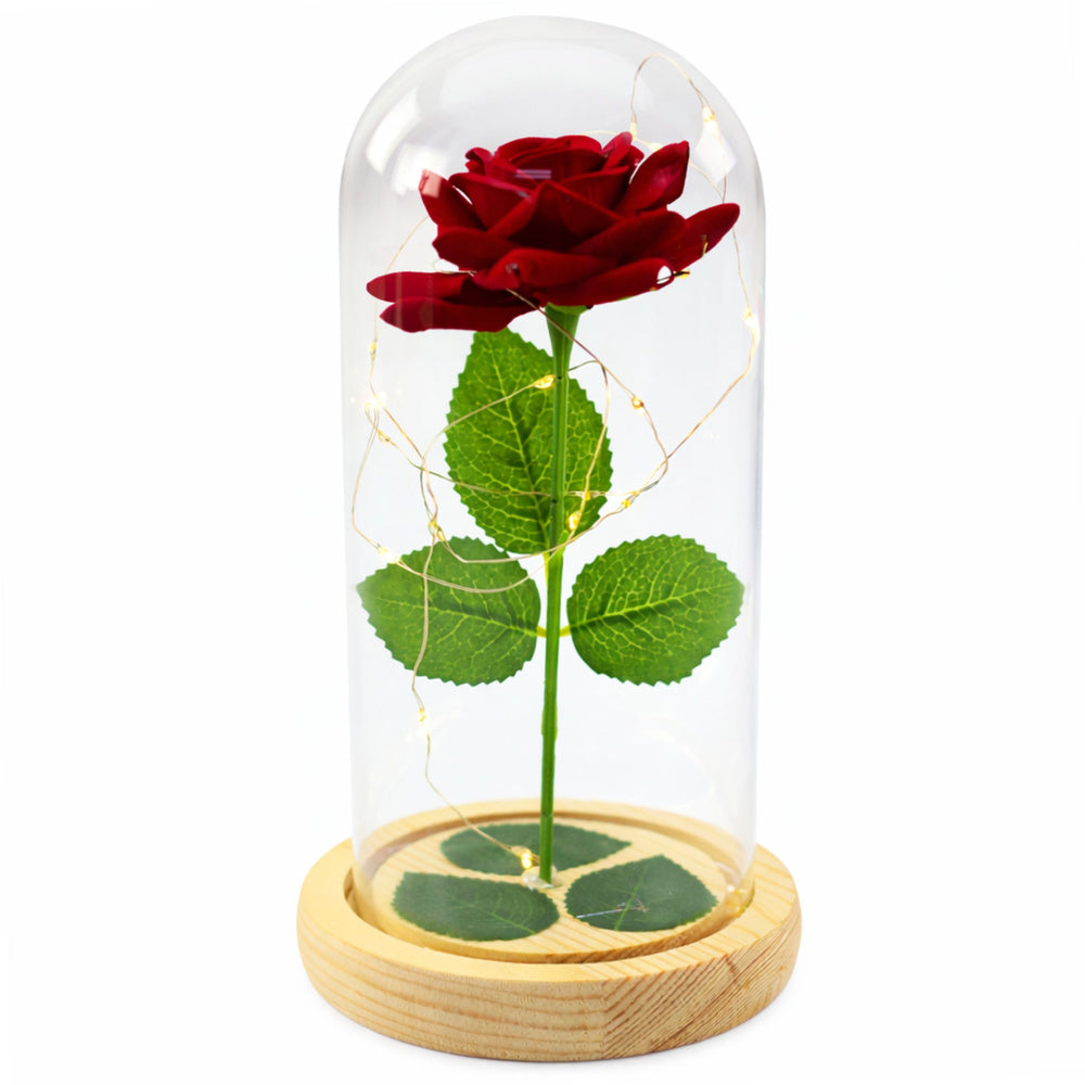 Rosa Eterna Vermelha em Cúpula de Vidro LED Base Efeito Madeira 21x11 cm