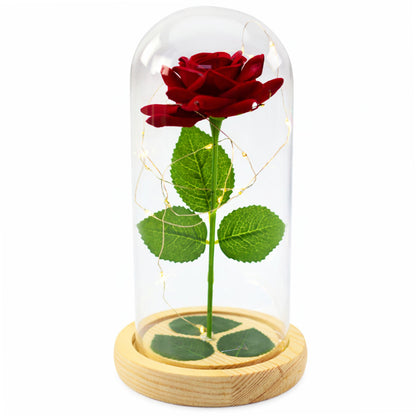 Rosa Eterna Vermelha em Cúpula de Vidro LED Base Efeito Madeira 21x11 cm