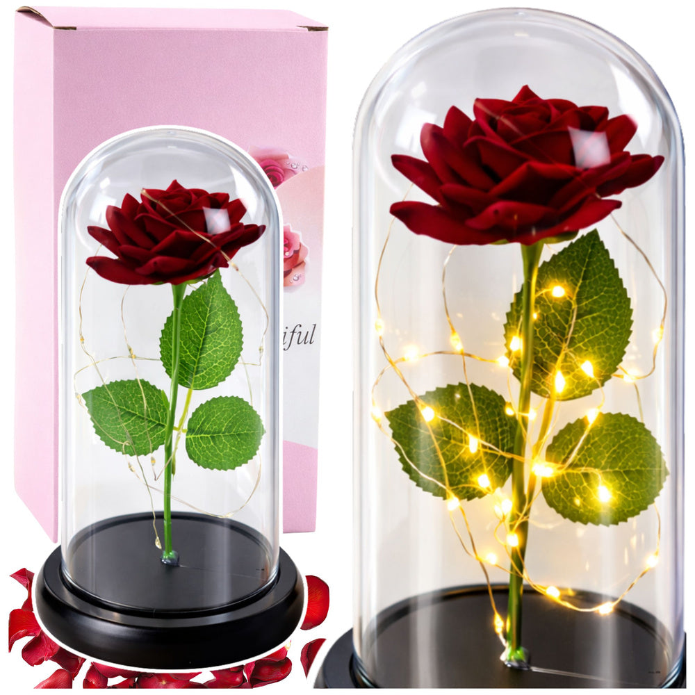 Rosa Eterna Vermelha em Cúpula de Vidro LED Base Preta 21x11 cm