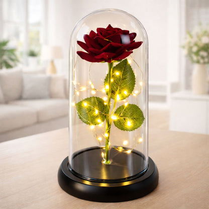 Rosa Eterna Vermelha em Cúpula de Vidro LED Base Preta 21x11 cm