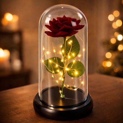 Rosa Eterna Vermelha em Cúpula de Vidro LED Base Preta 21x11 cm