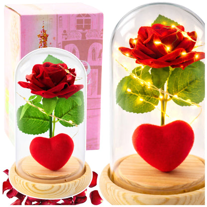 Rosa eterna em cúpula LED vermelha com coração 14x8 cm