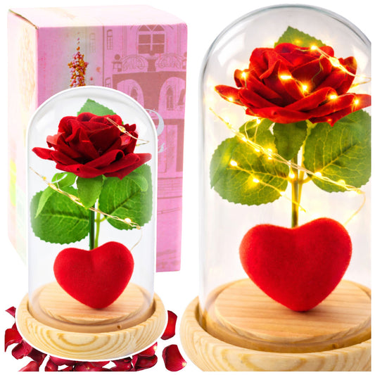 Rosa eterna em cúpula LED vermelha com coração 14x8 cm