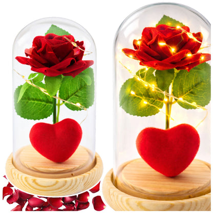 Rosa eterna em cúpula LED vermelha com coração 14x8 cm