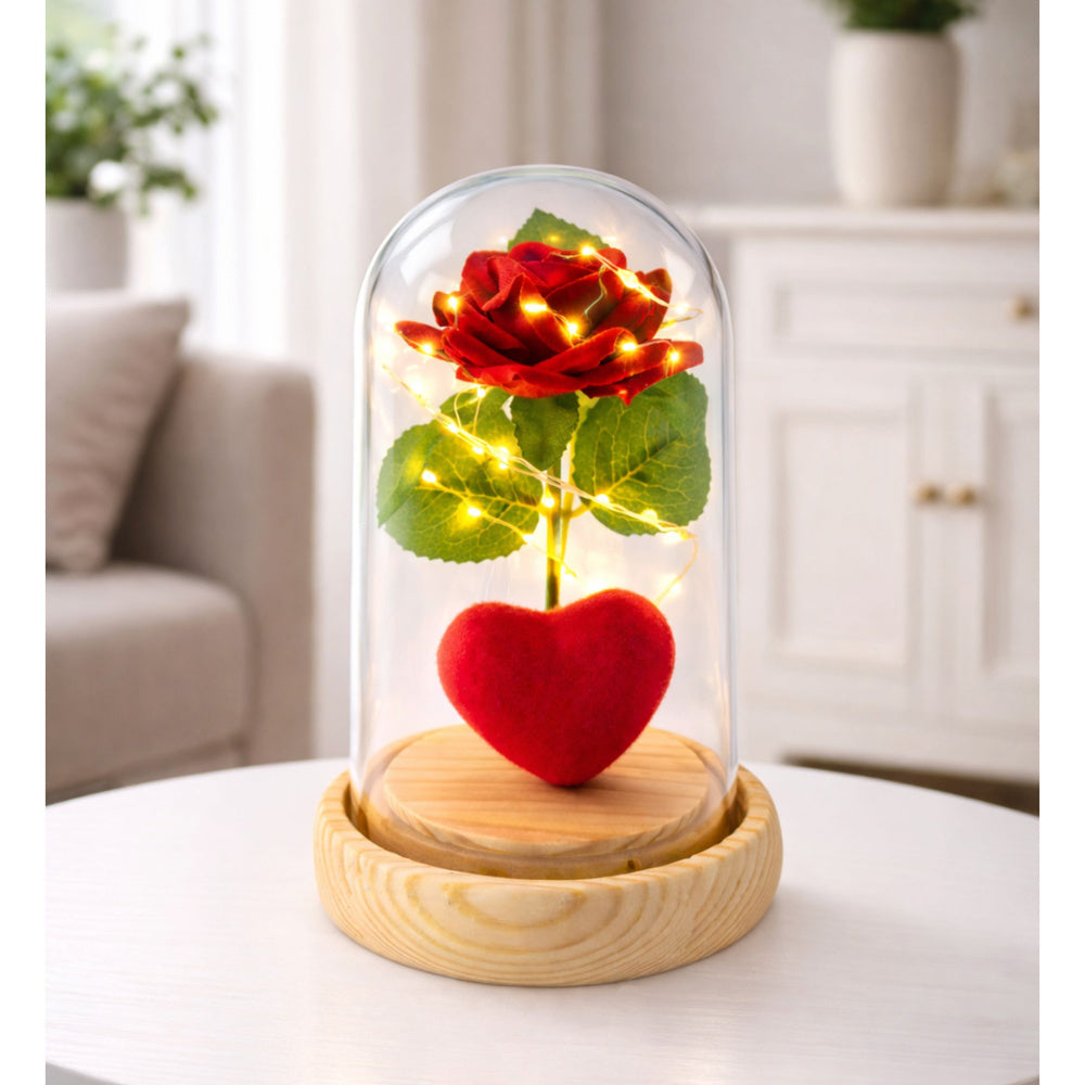 Rosa eterna em cúpula LED vermelha com coração 14x8 cm