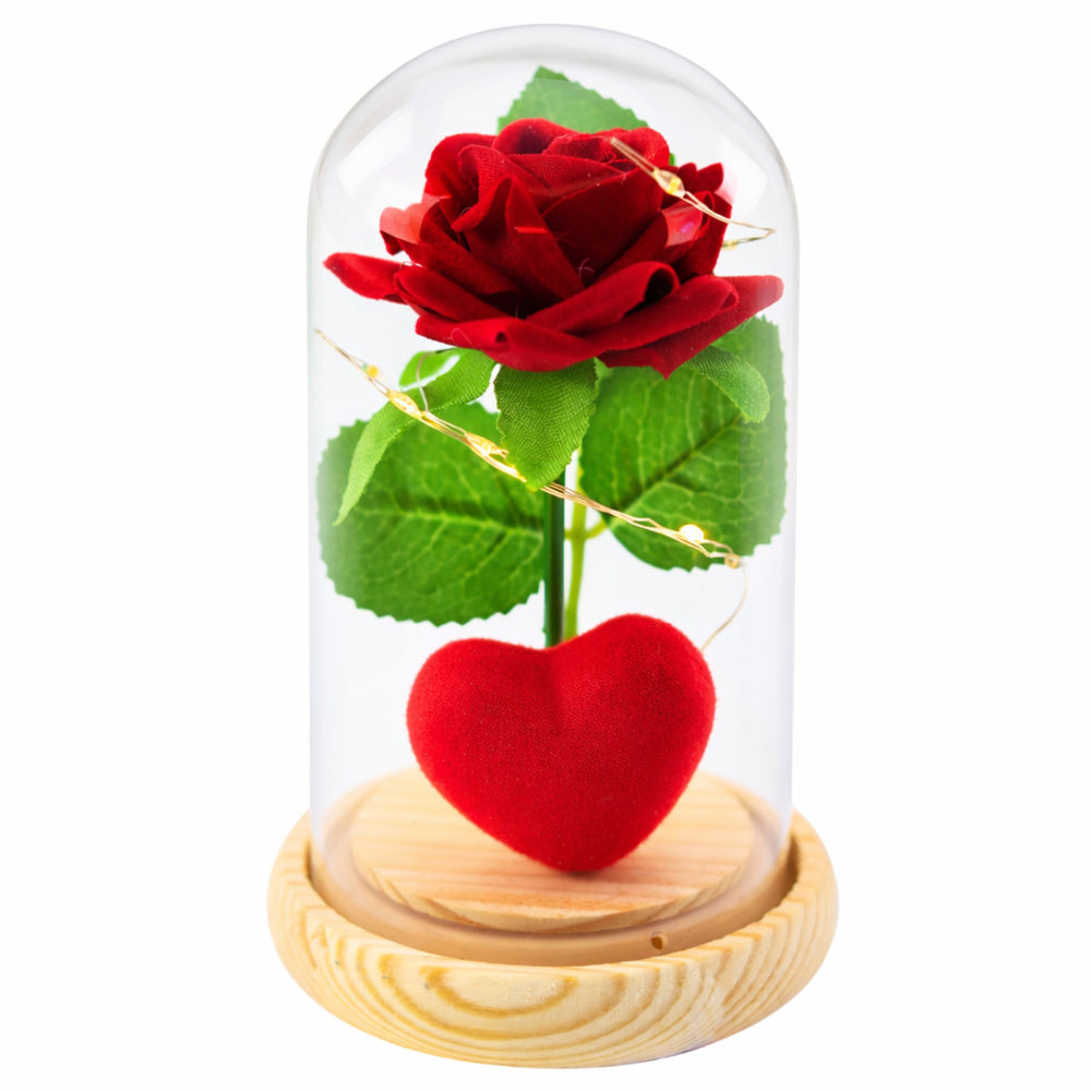 Rosa eterna em cúpula LED vermelha com coração 14x8 cm
