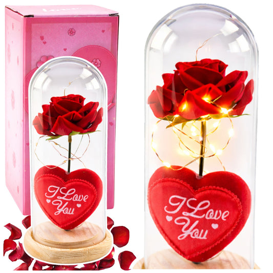 Rosa eterna em cúpula LED vermelha com coração 18,5x8 cm