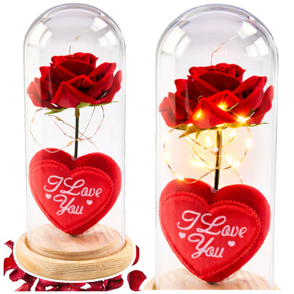 Rosa eterna em cúpula LED vermelha com coração 18,5x8 cm