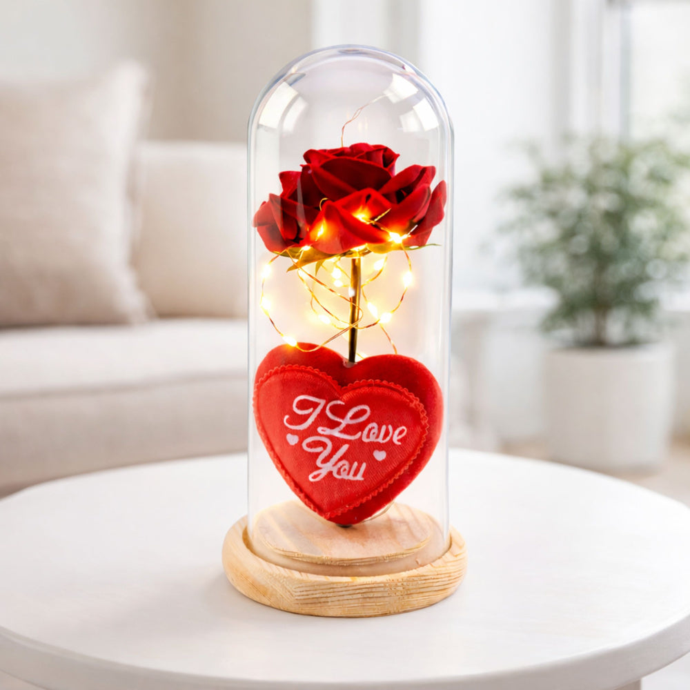 Rosa eterna em cúpula LED vermelha com coração 18,5x8 cm