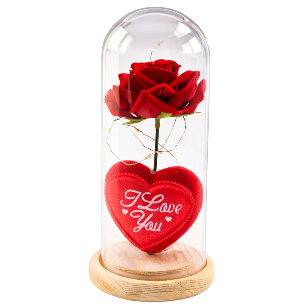 Rosa eterna em cúpula LED vermelha com coração 18,5x8 cm