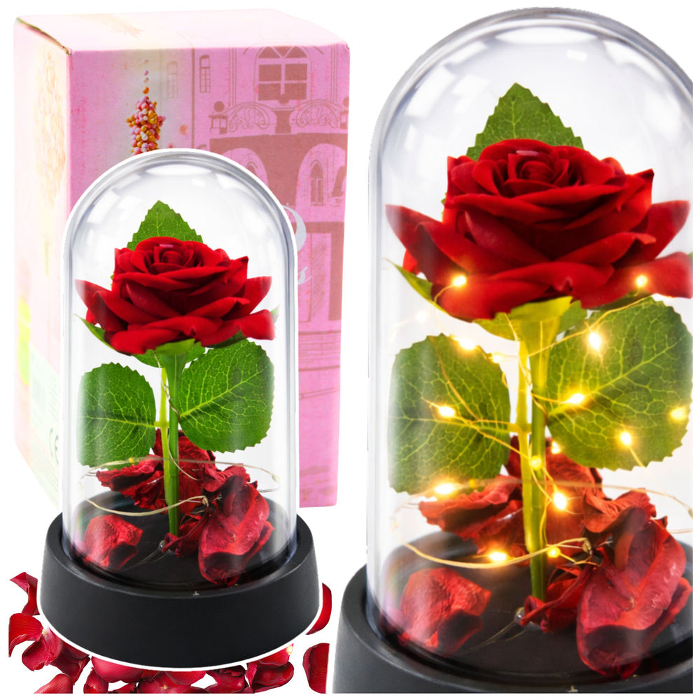 Rosa eterna em cúpula LED vermelha com pétalas 14x8 cm
