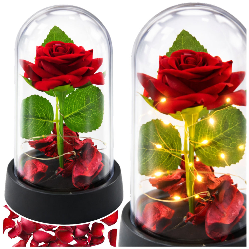 Rosa eterna em cúpula LED vermelha com pétalas 14x8 cm