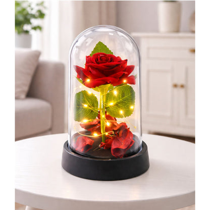 Rosa eterna em cúpula LED vermelha com pétalas 14x8 cm