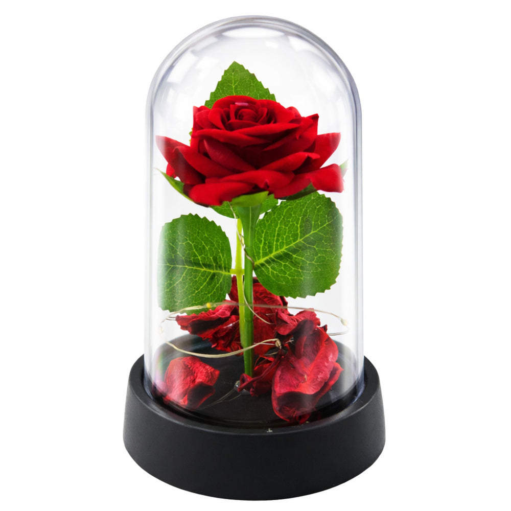 Rosa eterna em cúpula LED vermelha com pétalas 14x8 cm