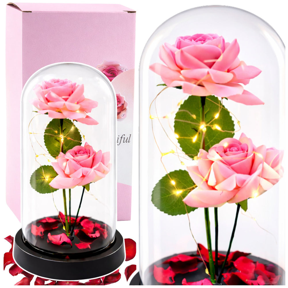 Rosas eternas em cúpula LED rosa com pétalas 21x11 cm