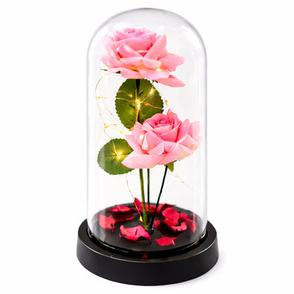 Rosas eternas em cúpula LED rosa com pétalas 21x11 cm