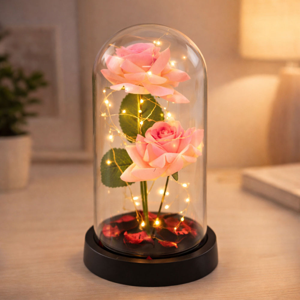 Rosas eternas em cúpula LED rosa com pétalas 21x11 cm
