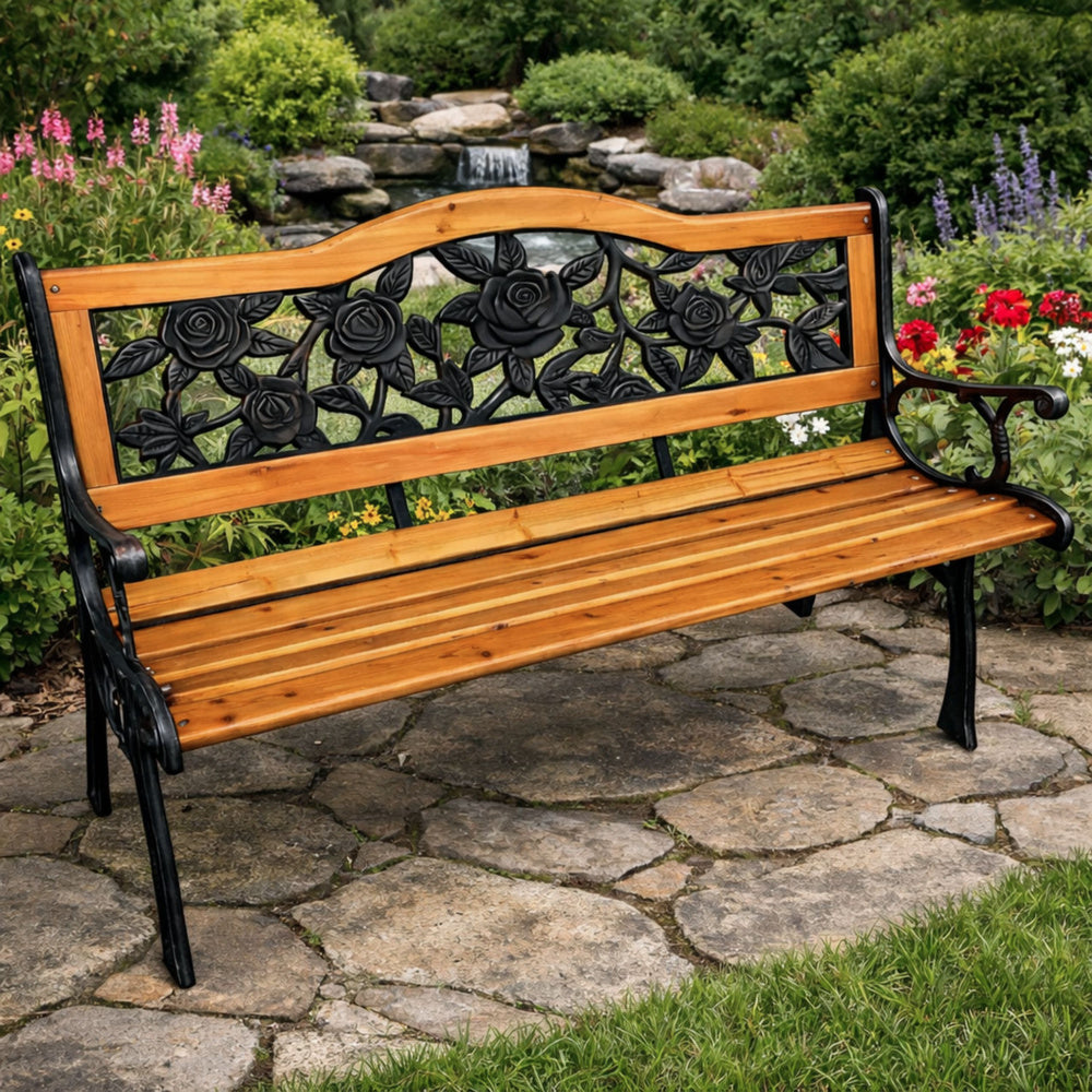 Banco de Jardim Madeira e Metal Rosas com Encosto