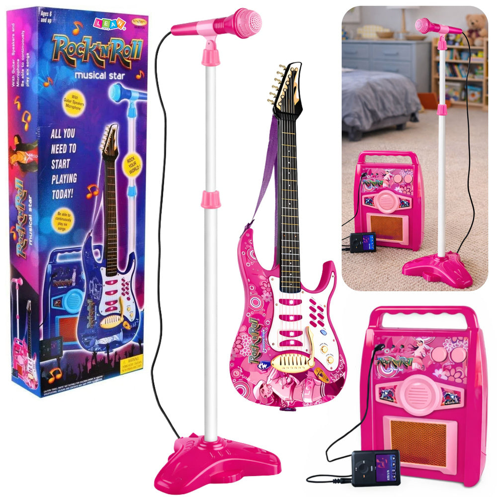 Guitarra elétrica rosa com microfone e amplificador