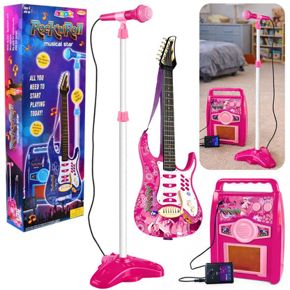 Guitarra elétrica rosa com microfone e amplificador