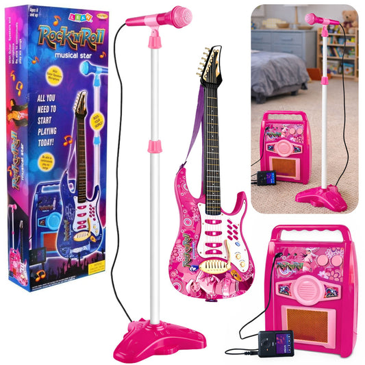 Guitarra elétrica rosa com microfone e amplificador