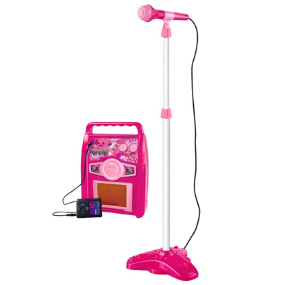 Guitarra elétrica rosa com microfone e amplificador