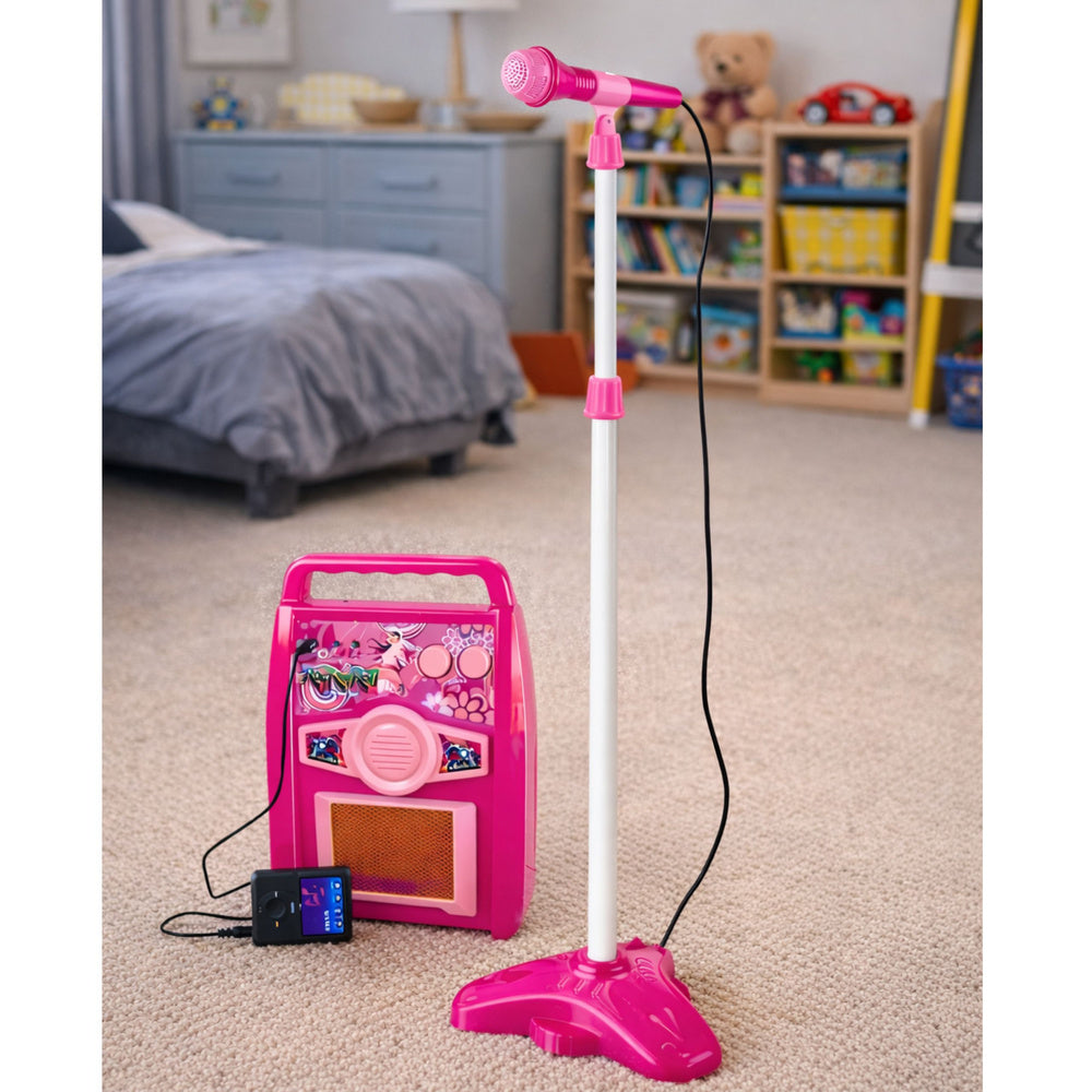 Guitarra elétrica rosa com microfone e amplificador