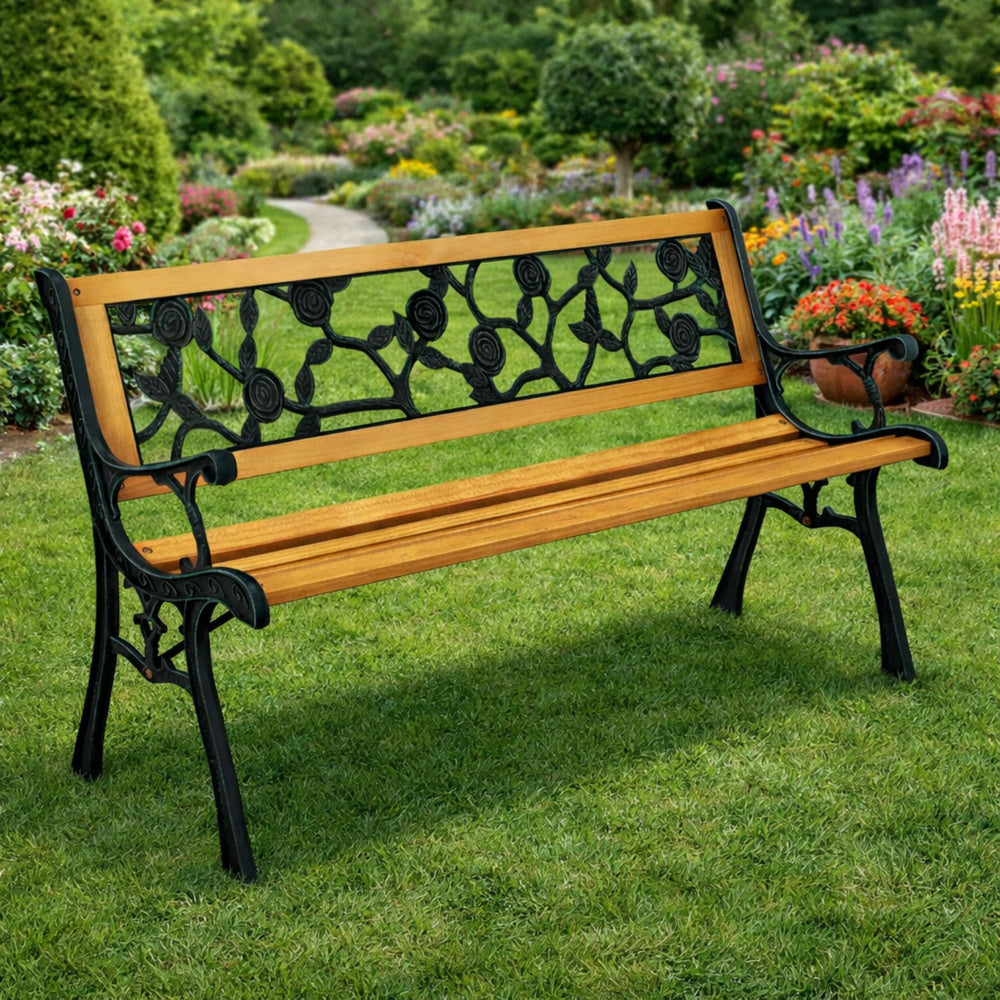 Banco de Jardim Madeira e Metal Arabesco Floral com Encosto