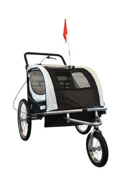 Reboque de bicicleta para criança 2 lugares com suspensão preto e branco