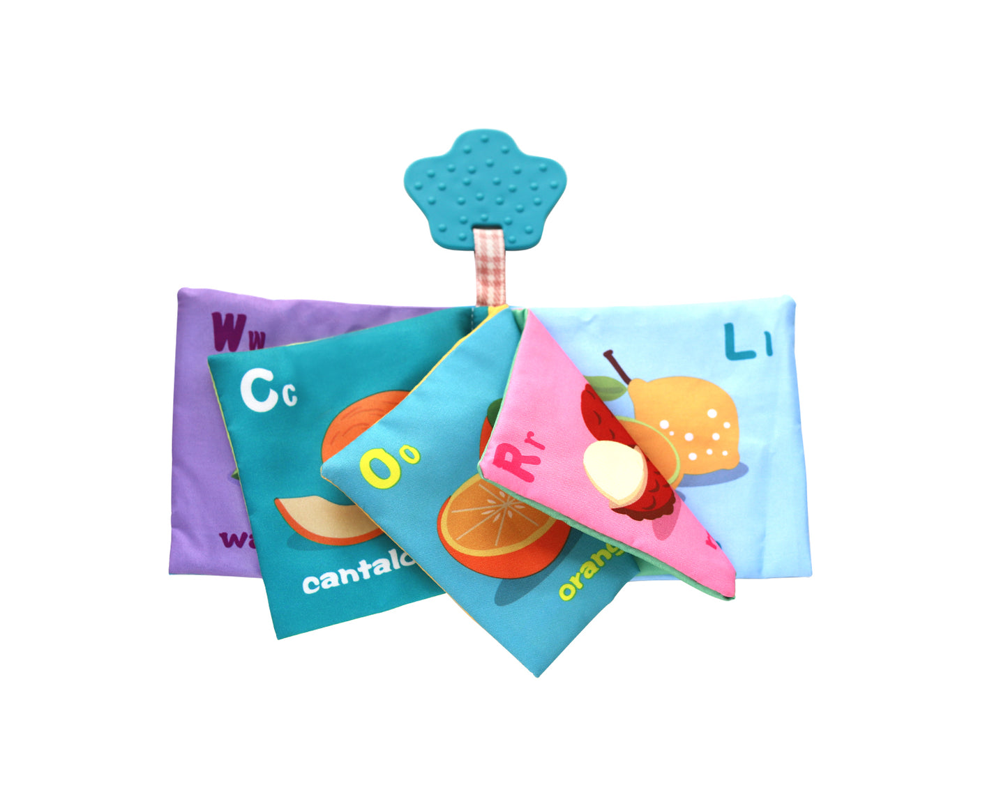 Livro educativo de frutas com mordedor