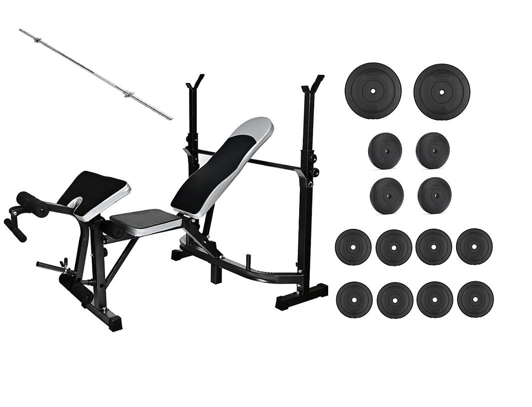 Banco de musculação com barra e pesos 60 kg