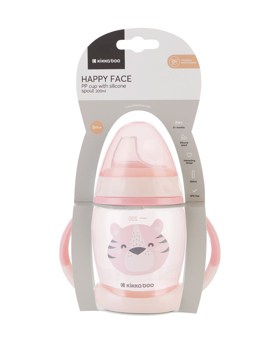 Copo PP com tetina em silicone 200ml Happy Face Pink Kikkaboo