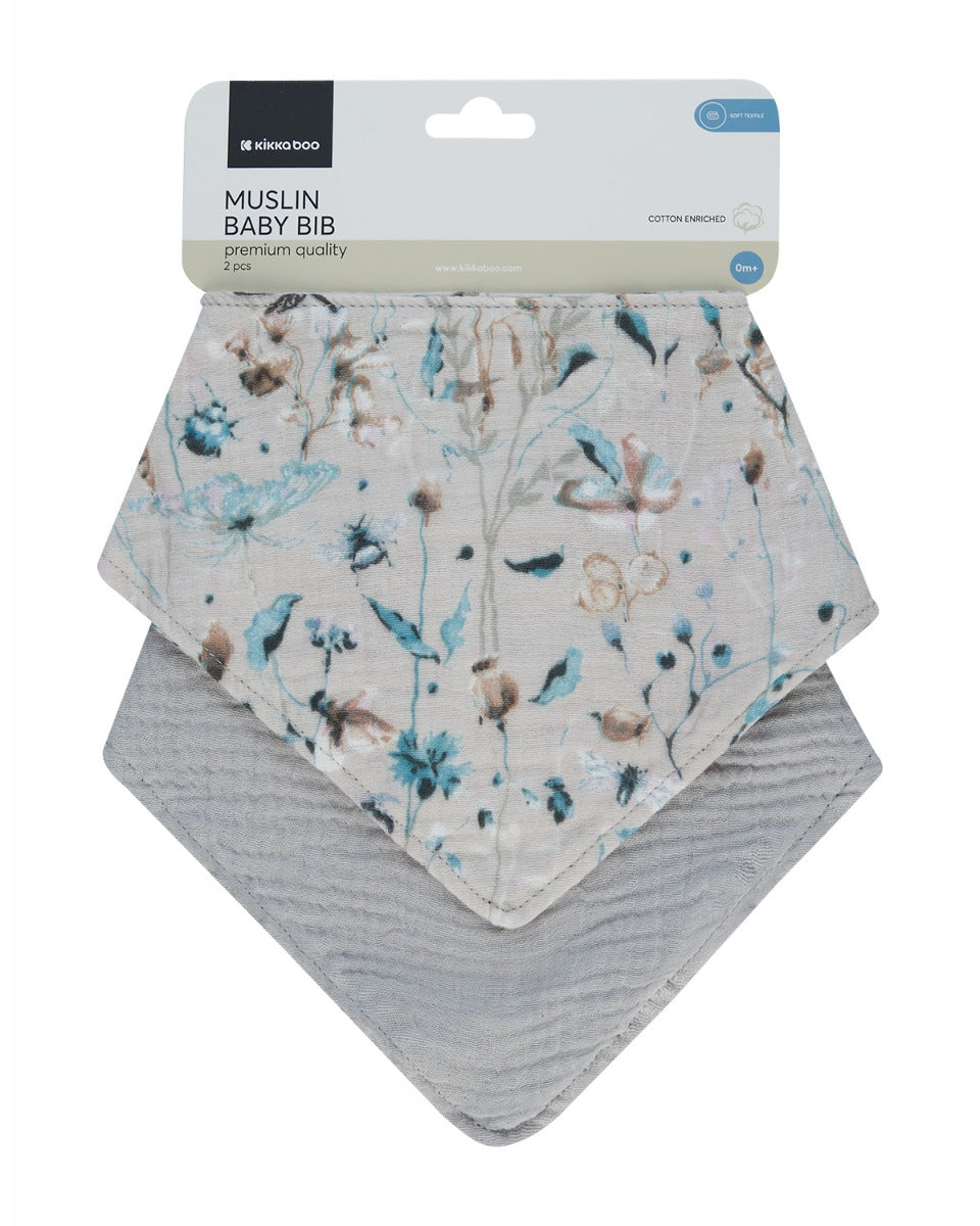 Conjunto de babetes de musselina de 2 peças Dreamy Fields Grey Kikkaboo
