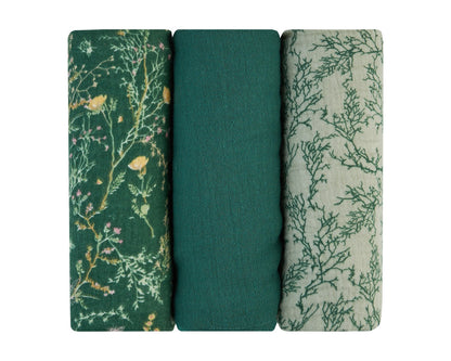 Conjunto de fraldas em musselina Secret Garden, pacote de 3, 75 x 75 cm, verde