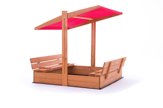 Caixa de areia 140x140 cm madeira com cobertura e bancos vermelho
