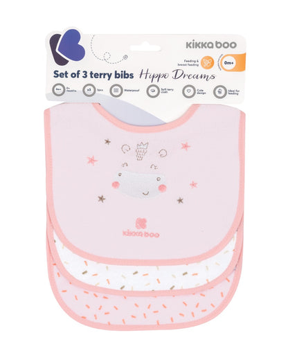 Conjunto de 3 babetes Hippo Dreams em tecido turco rosa