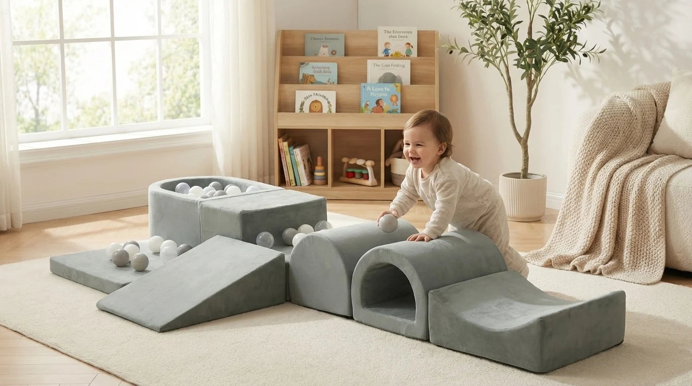 Conjunto de brinquedos em espuma 7 peças com piscina de bolas cinzento