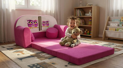 Sofá-cama infantil 170x100x8 cm rosa corujas