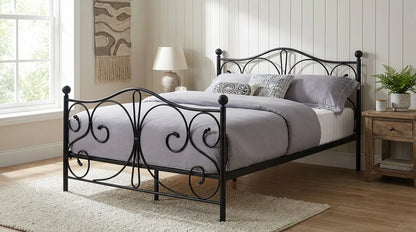 Cama metálica 140 x 200 cm preta com detalhe decorativo
